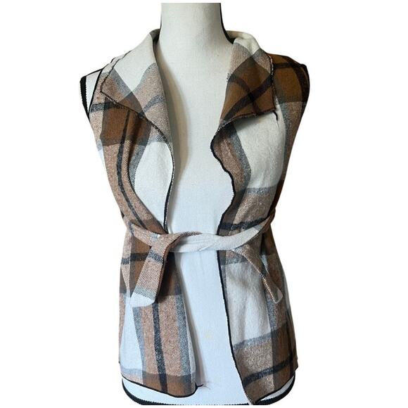 Cream Black Tan 2 Plaid Vest Tunic With Belt Size Small - Picture 2 of 8